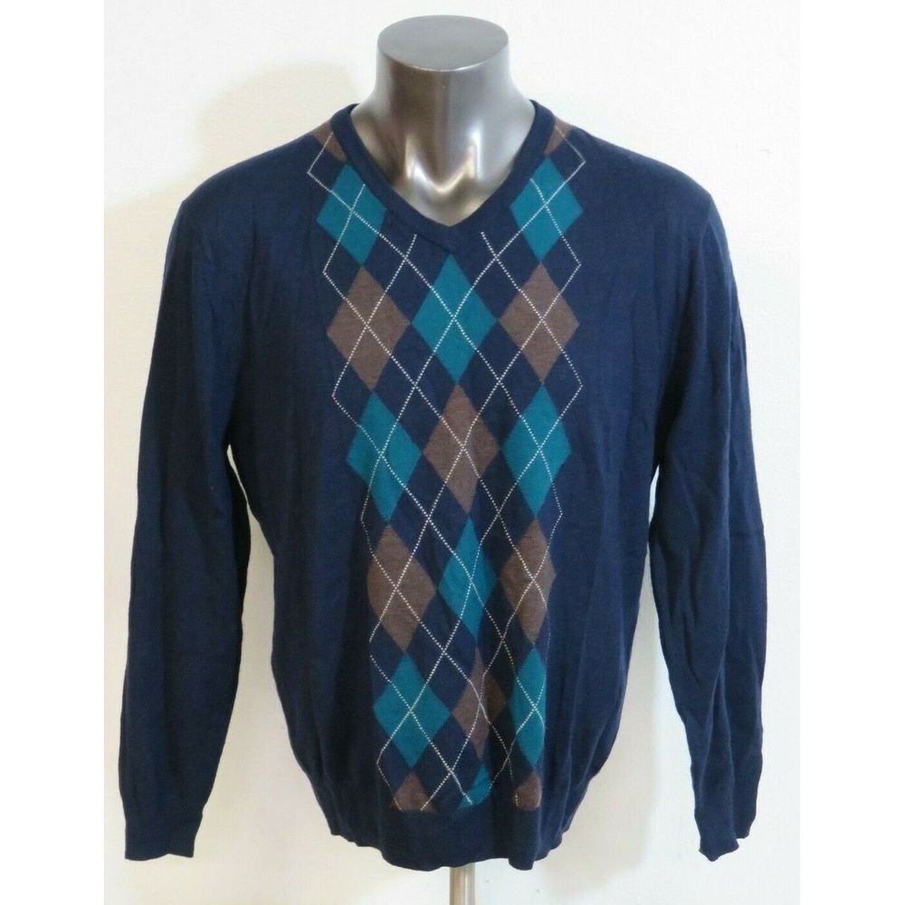 Mens JOS. A. BANK Signature Collection Wool Argyle‎ V Neck Sweater Size XL Blue